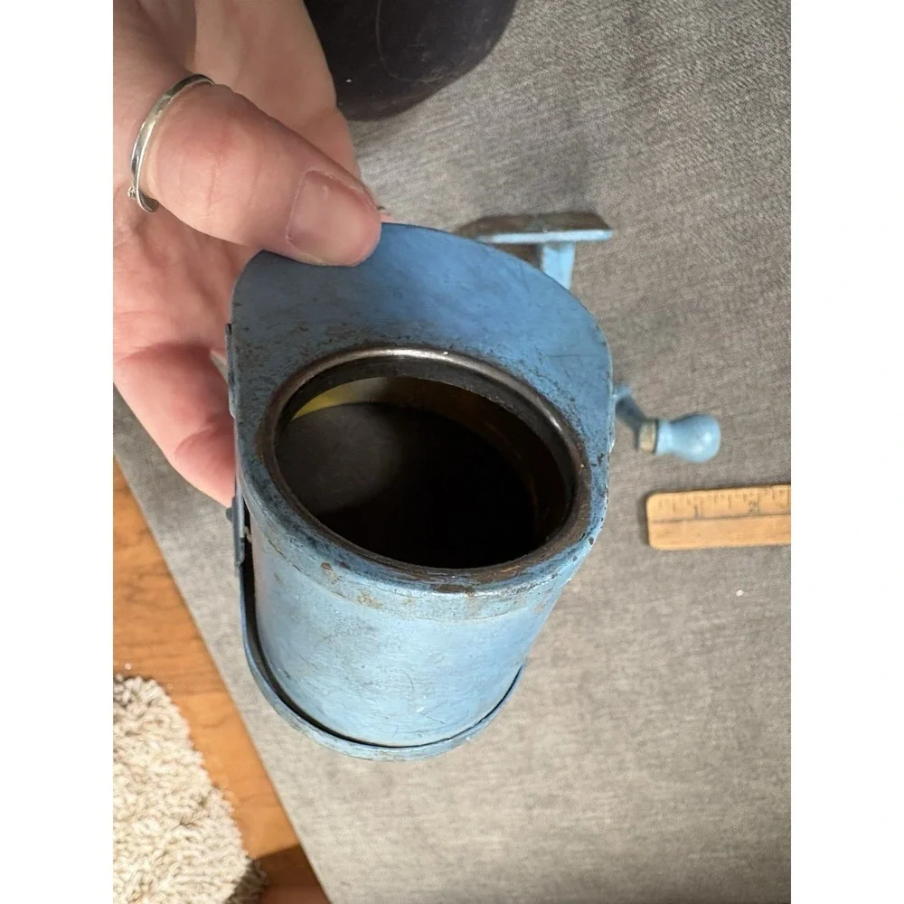 VINTAGE Unnamed Pencil Sharpener Wooden‎ Handle Blue Heavy Metal Base
